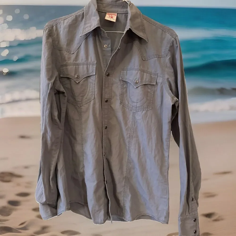 True Religion Solid Gray Pearl Snap Western Long Sleeve Shirt Pockets Men's Lg